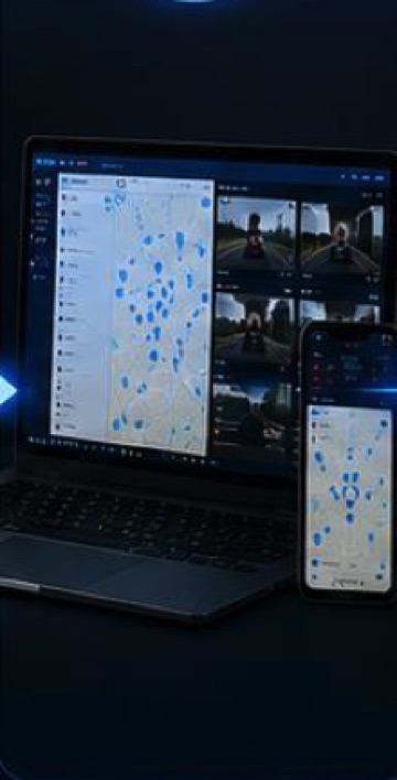 Plataforma aberta no notebook e no celular, com mapa e câmeras