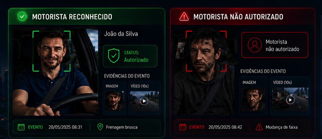 Painel da plataforma comparando motorista reconhecido e motorista não autorizado, com evidências em vídeo