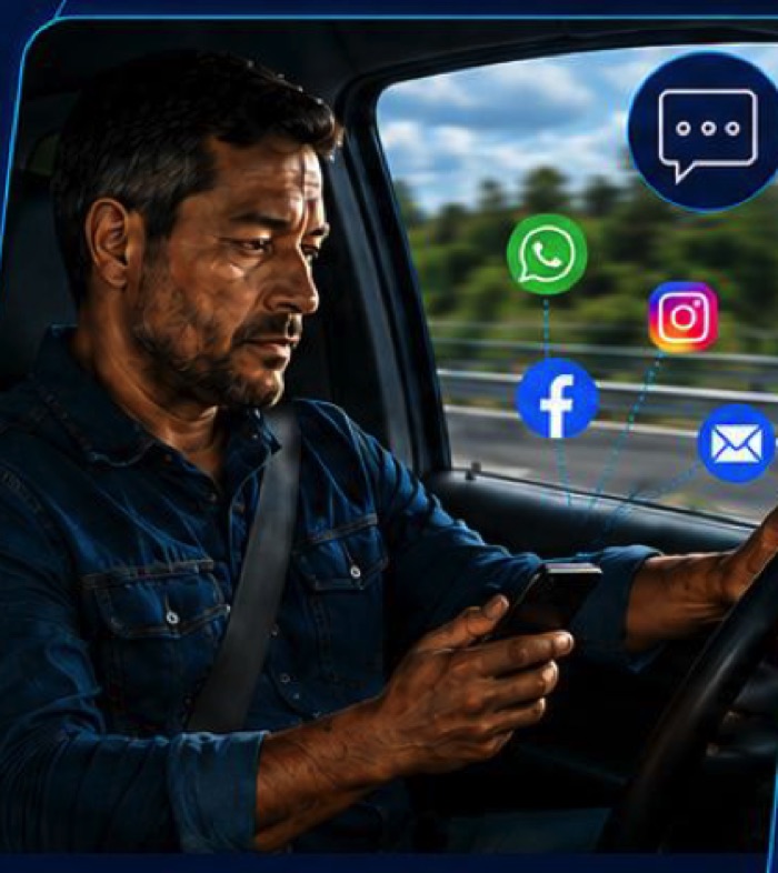 Motorista lendo mensagens no celular apoiado junto ao volante, com uma das mãos na direção — uso discreto detectado pela câmera interna